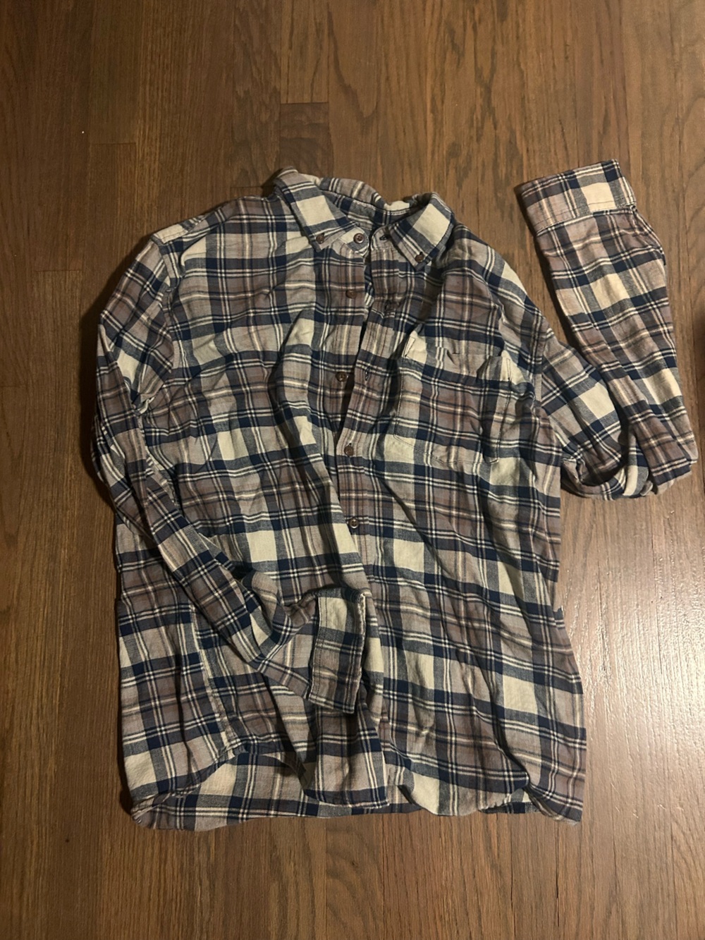 L.L. Bean Plaid Button-Down Shirt in Navy, Brown, and Cream